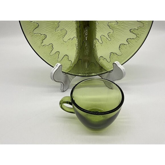 Vintage Sunburst Green by Indiana Glass Snack Plate & Cup Set Textured USA MCM - Picture 9 of 16
